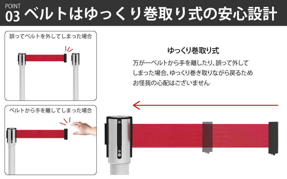 ベルトパーテーション ベルト ポイント3 ベルトはゆっくり巻き取り式の安心設計