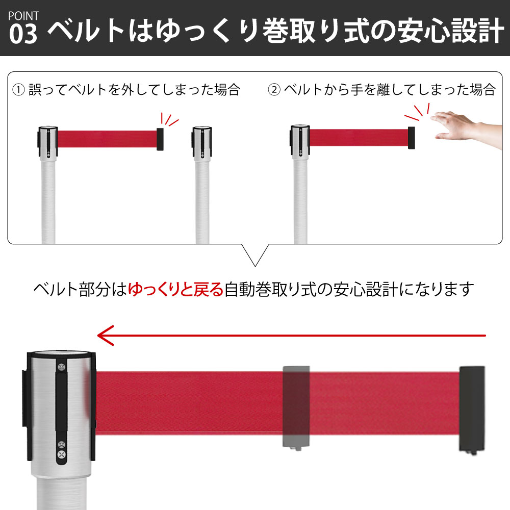 ベルトパーテーション ベルト ポイント3 ベルトはゆっくり巻き取り式の安心設計