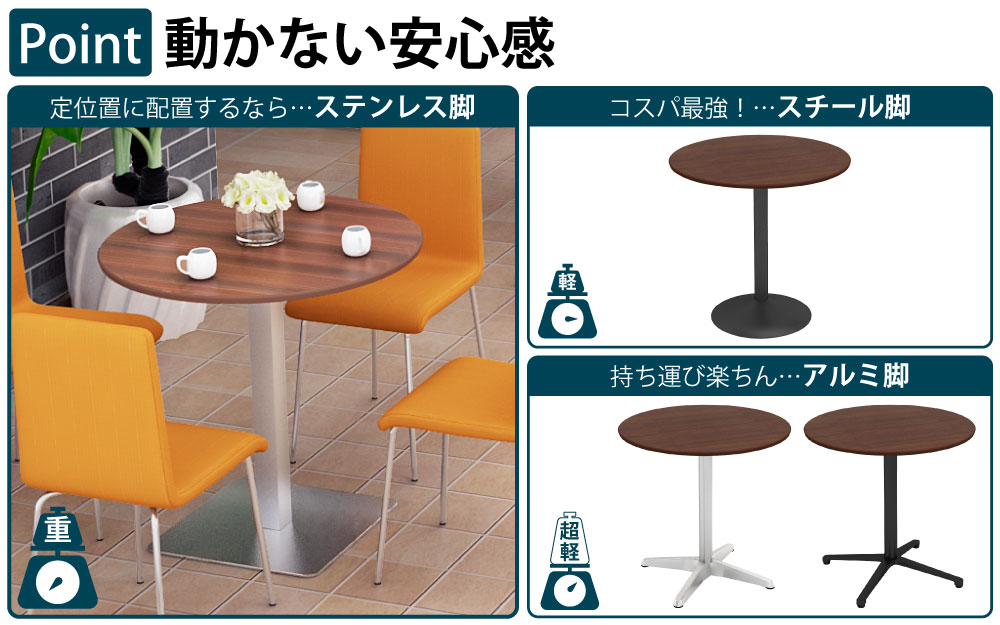 カフェテーブル 丸天板 幅75cm ブラウン木目 ステンレス脚 角脚 ポイント3 ベースの特徴 家具のAKIRA