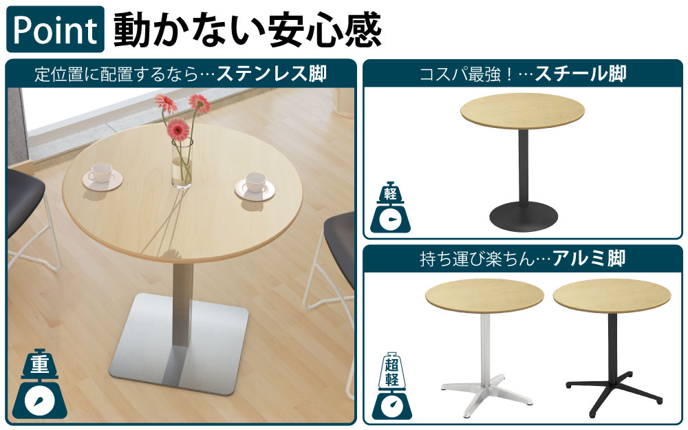 カフェテーブル 丸天板 幅75cm ナチュラル木目 ステンレス脚 角脚 ポイント3 ベースの特徴 家具のAKIRA