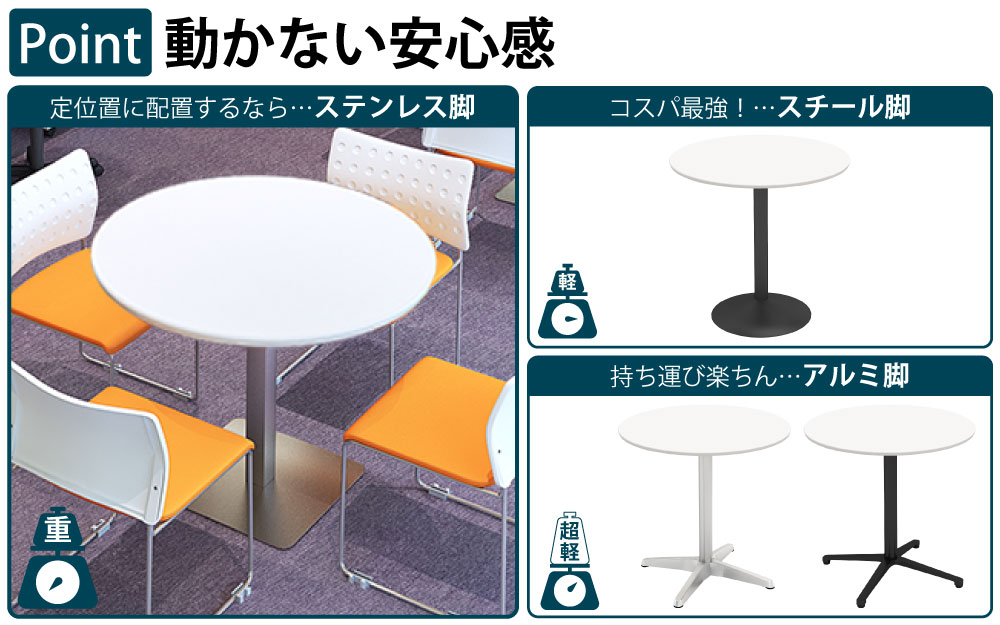 カフェテーブル 丸天板 幅75cm ホワイト ステンレス脚 角脚 ポイント3 ベースの特徴 家具のAKIRA