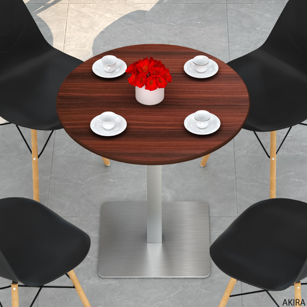 カフェテーブル 丸天板 幅75cm ブラウン木目 ステンレス脚 イメージ画像 家具のAKIRA