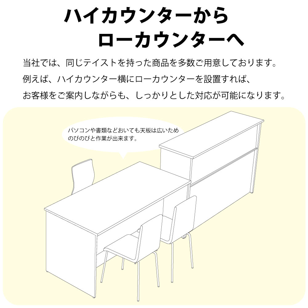 ローカウンター 受付台 ハイカウンターからローカウンター イラストイメージ