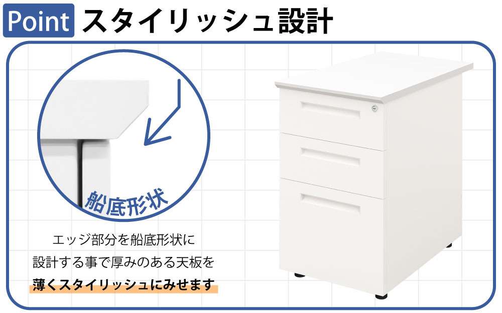 袖机 サイドデスク オフィスデスク スチールデスク 平机 ポイント3 スタイリッシュ設計 エッジ加工 船底形状 家具のAKIRA