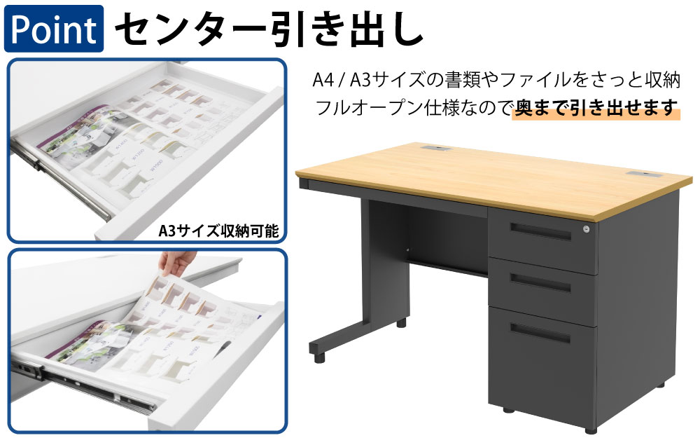 オフィスデスク スチールデスク 片袖机 片袖デスク ポイント4 センター引き出し フルオープン 家具のAKIRA