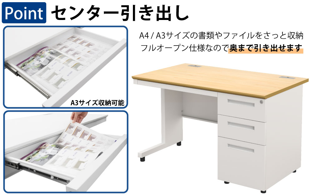 オフィスデスク スチールデスク 片袖机 片袖デスク ポイント4 センター引き出し フルオープン 家具のAKIRA