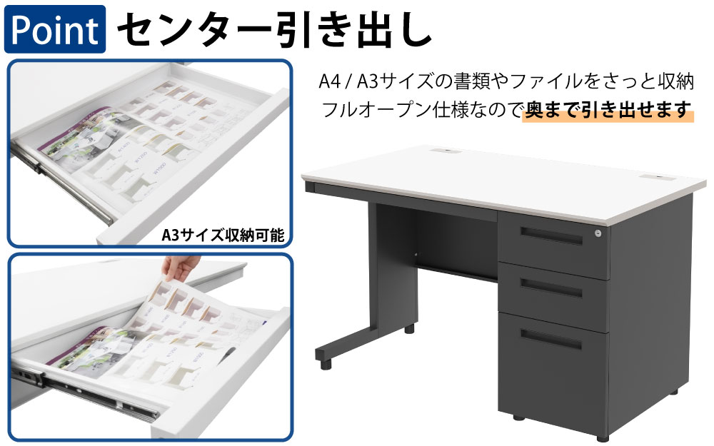 オフィスデスク スチールデスク 片袖机 片袖デスク ポイント4 センター引き出し フルオープン 家具のAKIRA