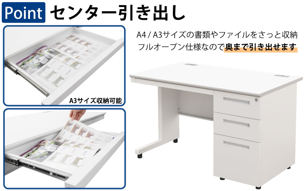 オフィスデスク スチールデスク 片袖机 片袖デスク ポイント4 センター引き出し フルオープン 家具のAKIRA