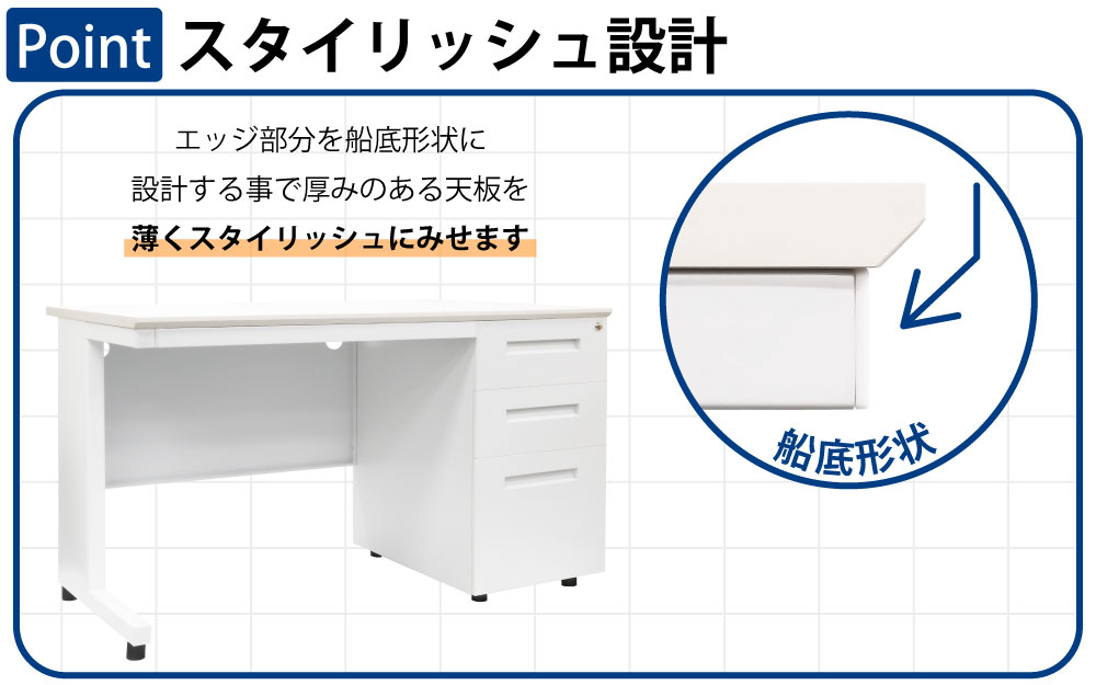 オフィスデスク スチールデスク 片袖机 片袖デスク ポイント3 スタイリッシュ設計 エッジ加工 船底形状 家具のAKIRA