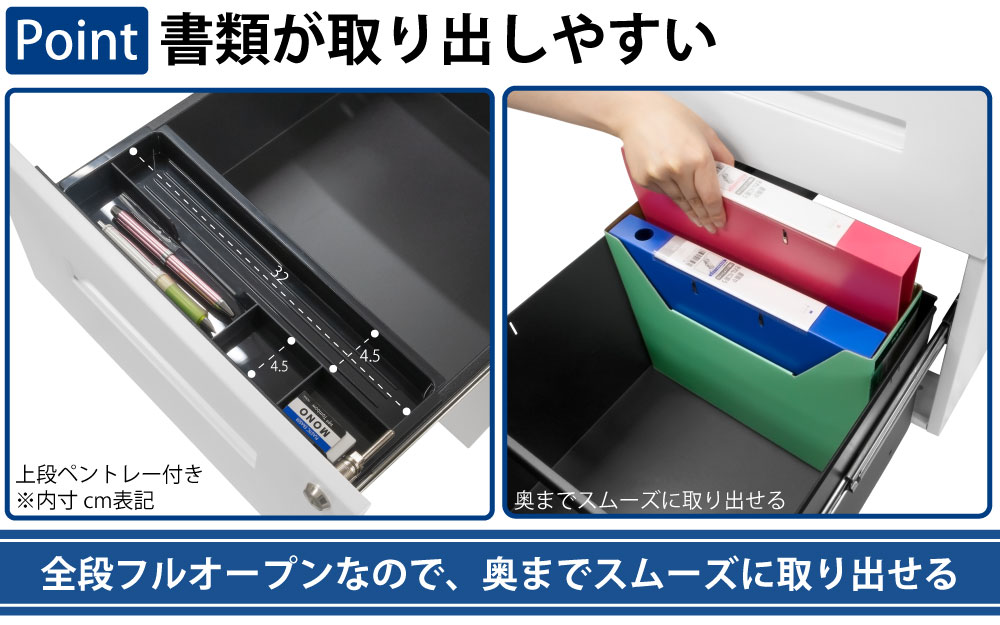 オフィスデスク スチールデスク 片袖机 片袖デスク ポイント5 書類が取り出しやすい 全段フルオープン 家具のAKIRA