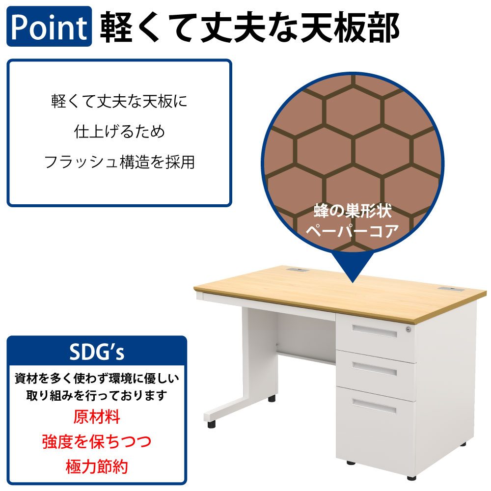 オフィスデスク スチールデスク 片袖机 片袖デスク ポイント1 軽くて丈夫な天板部 フラッシュ構造 家具のAKIRA
