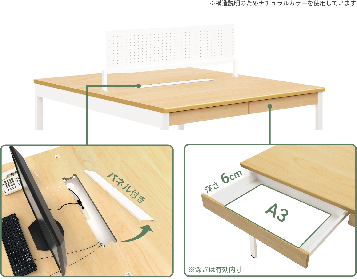 大型配線収納BOXとA3サイズ対応深さ6cmのセンター引き出し２基による収納