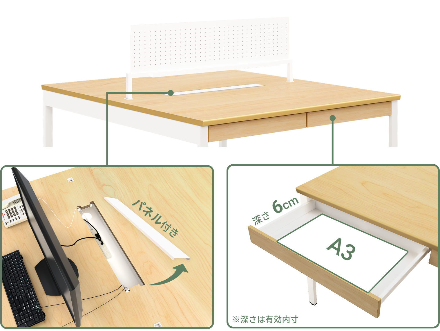 大型配線収納BOXとA3サイズ対応深さ6cmのセンター引き出し２基による収納