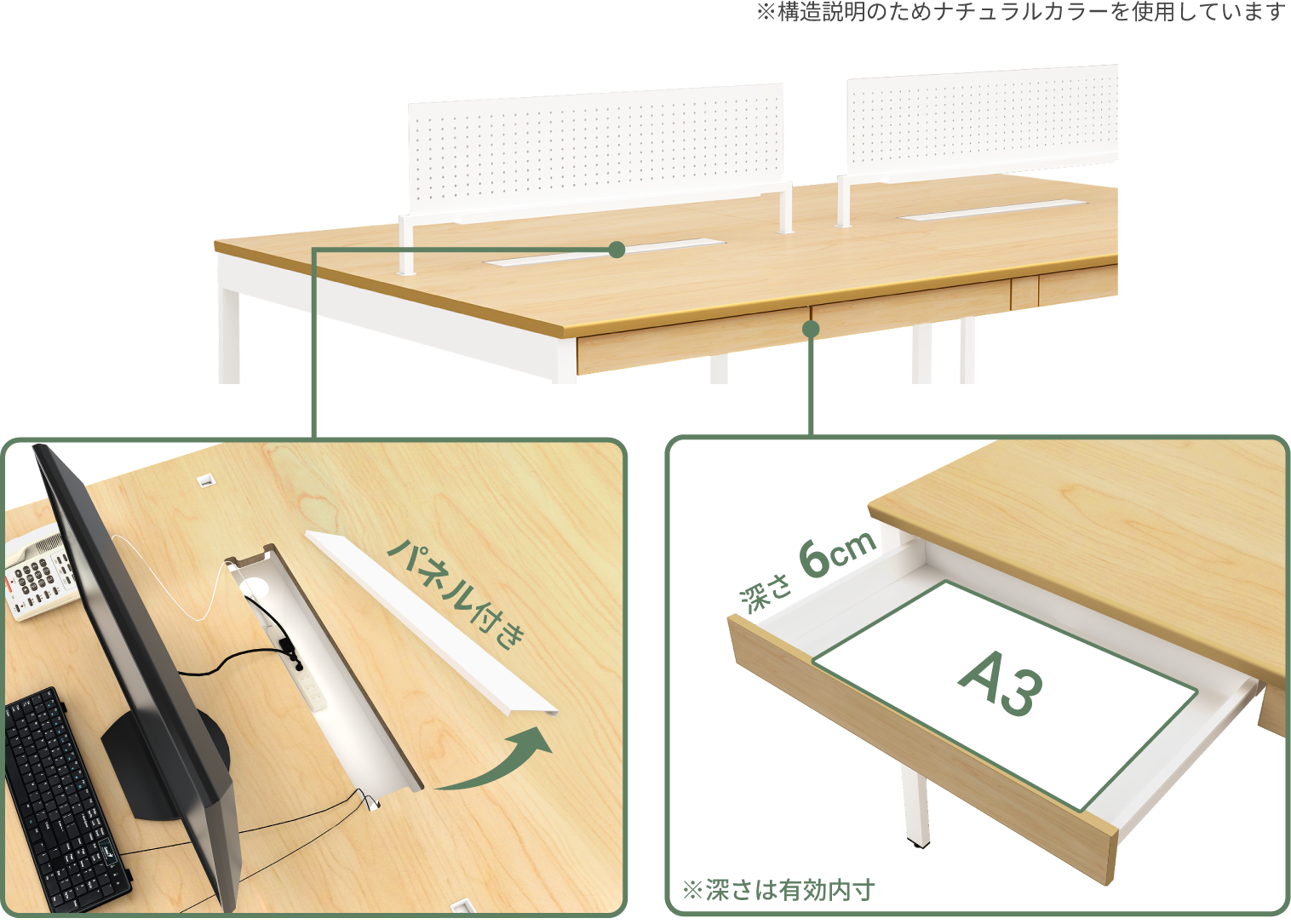 大型配線収納BOXとA3サイズ対応深さ6cmのセンター引き出し２基による収納