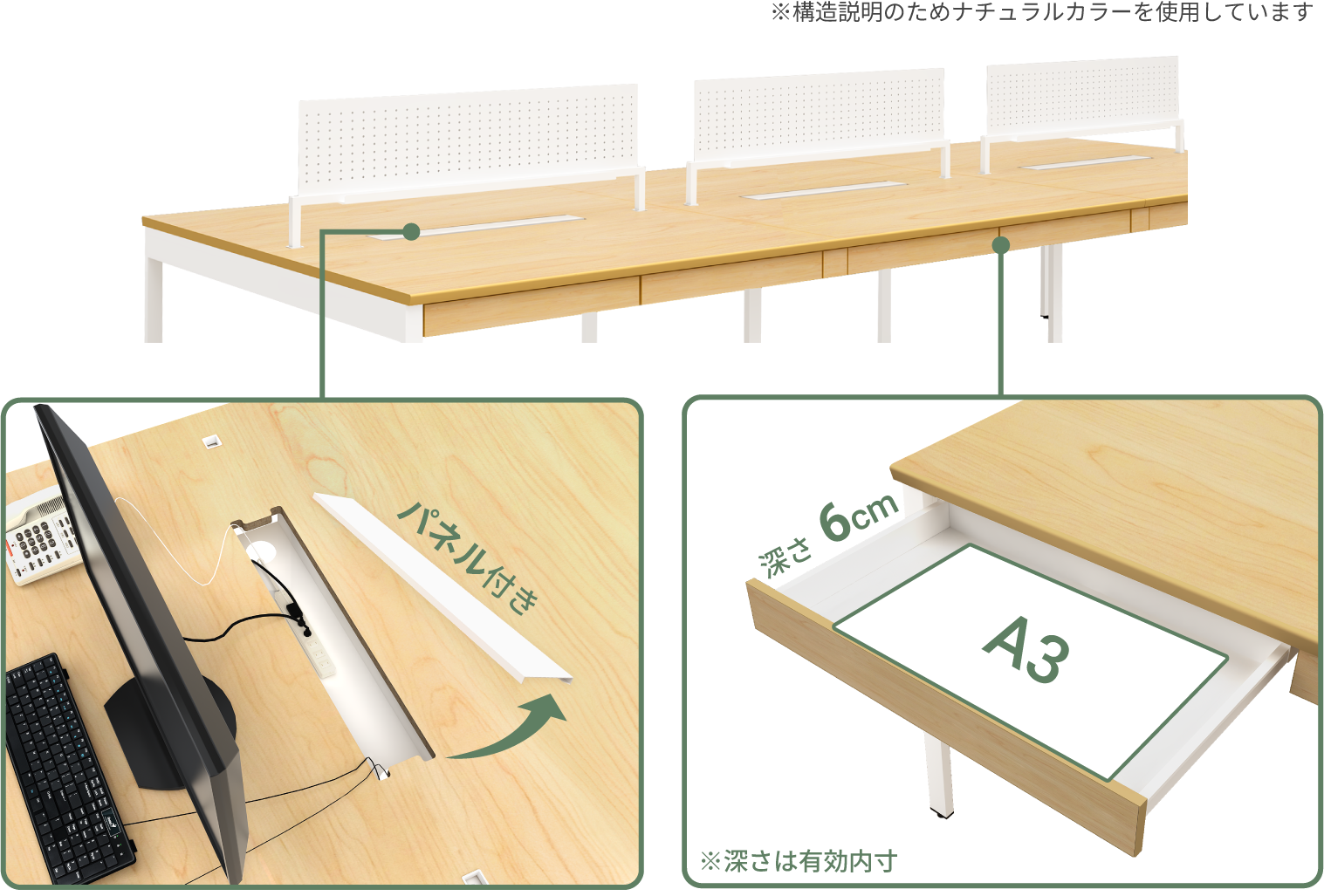 大型配線収納BOXとA3サイズ対応深さ6cmのセンター引き出し２基による収納