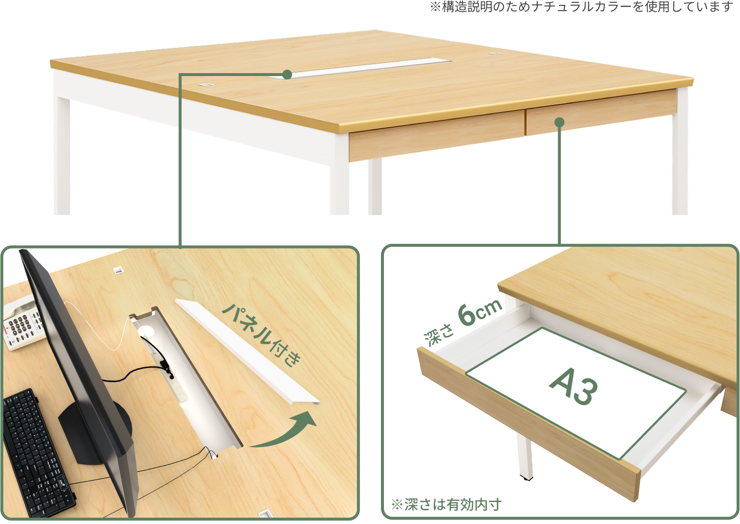 大型配線収納BOXとA3サイズ対応深さ6cmのセンター引き出し２基による収納