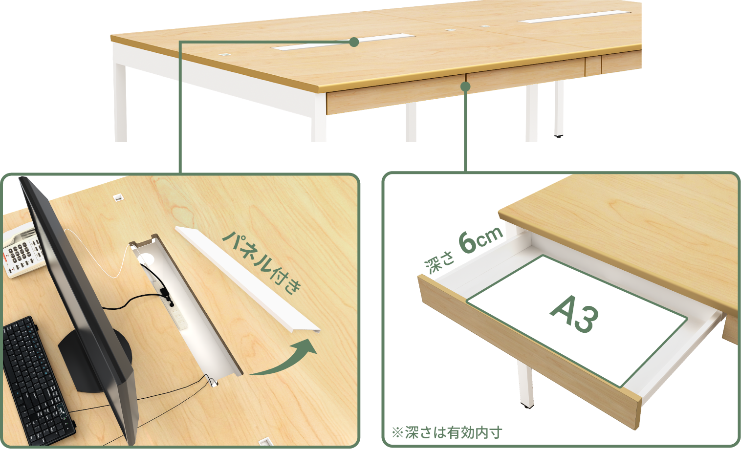 大型配線収納BOXとA3サイズ対応深さ6cmのセンター引き出し２杯による収納