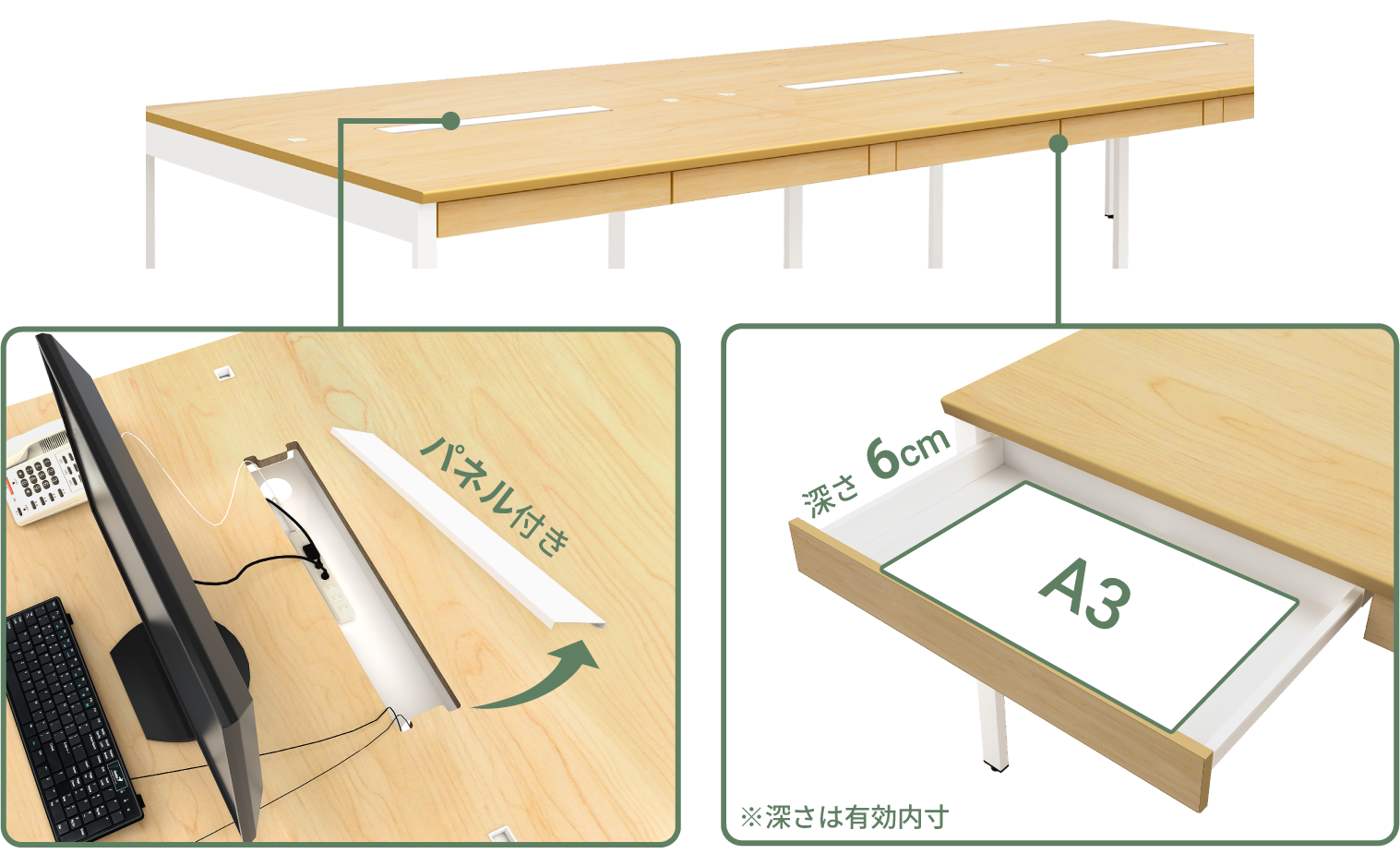 大型配線収納BOXとA3サイズ対応深さ6cmのセンター引き出し２基による収納