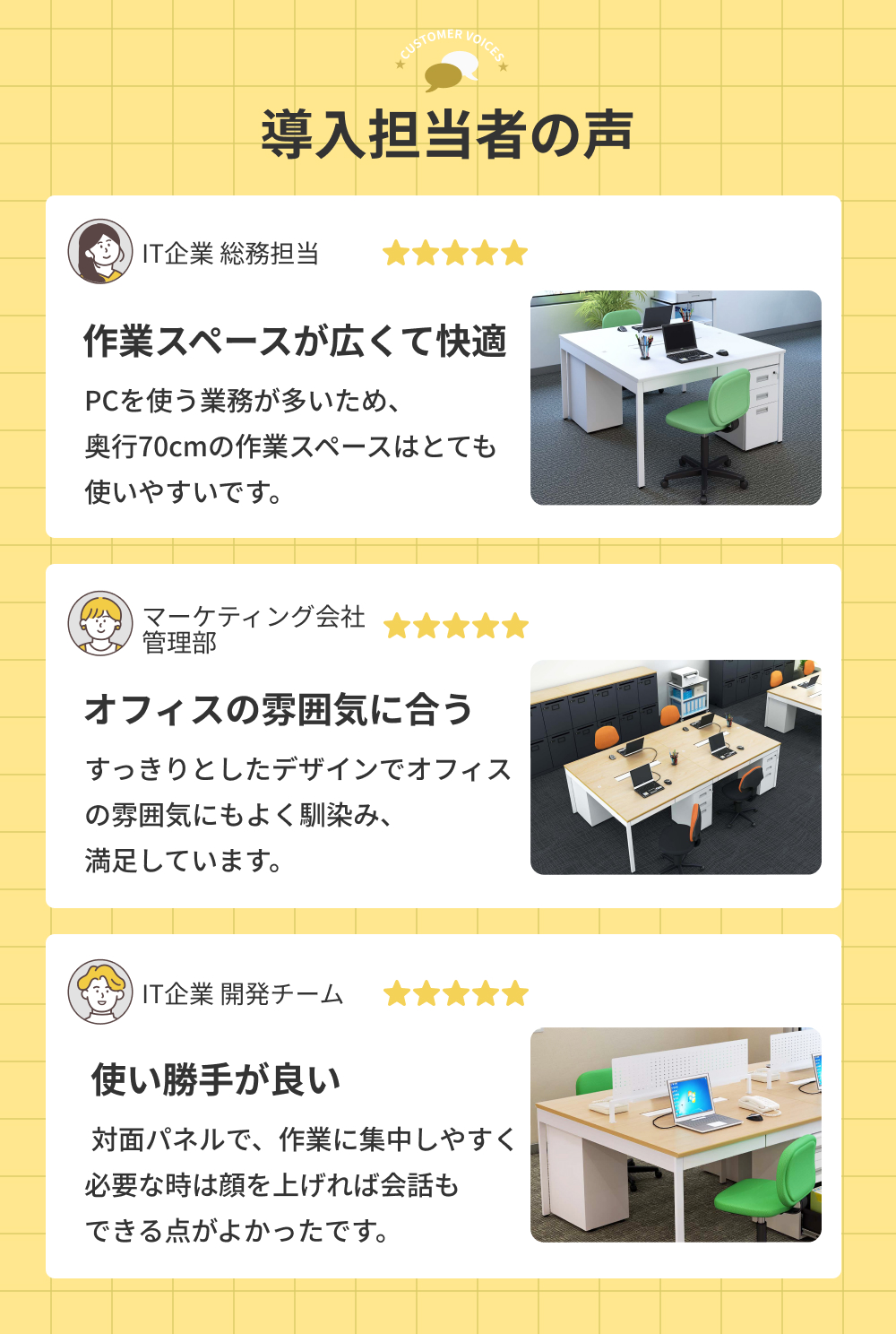 NSQシリーズの導入担当者の声。IT企業総務担当：（評価5.0）作業スペースが広く快適。奥行70cmで使いやすく配線収納でデスク周りがすっきり。マーケティング会社管理部：（評価5.0）スタイリッシュで雰囲気が良い。デザイン性がありオフィスに調和。IT企業開発チームリーダー：（評価5.0）集中しやすく使い勝手が良い。対面パネルで視線を遮り集中でき、マグネット活用も便利。