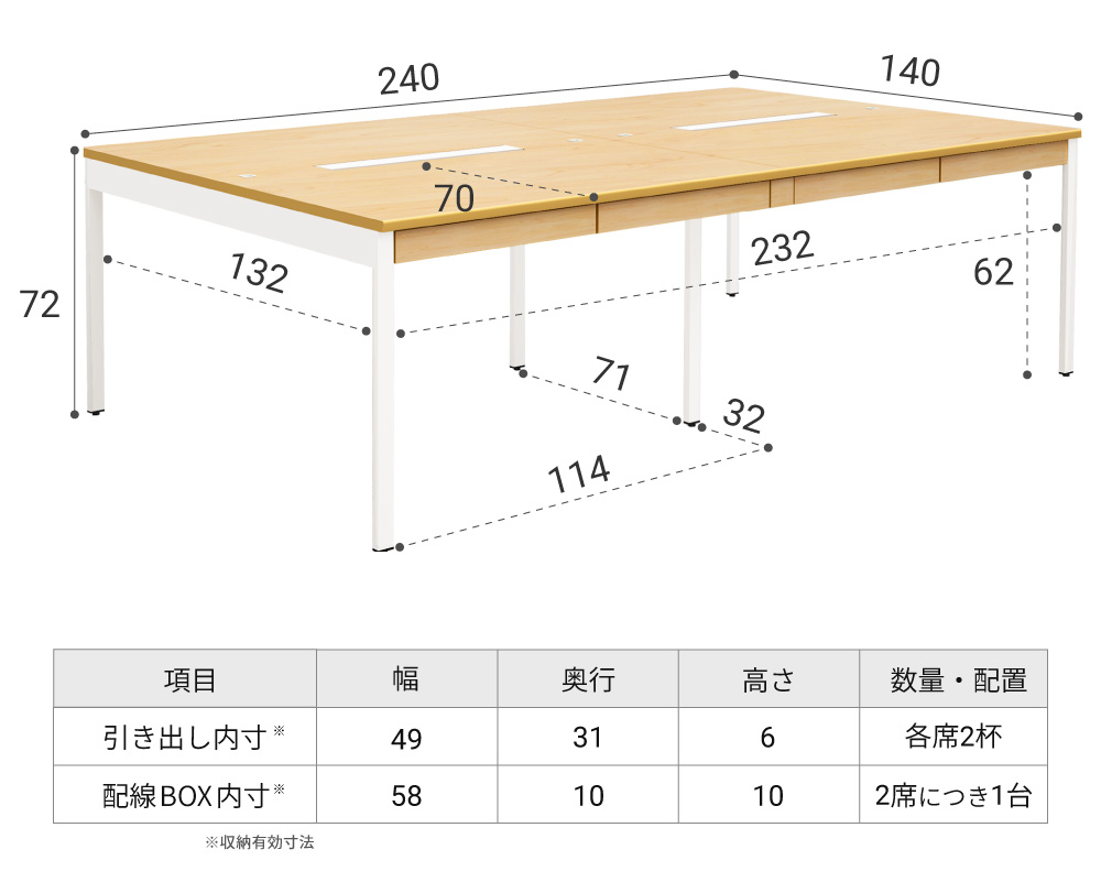 幅240cm・パネルなしタイプのサイズ図。全幅240cm、奥行140cm、高さ72cm。引き出し内寸は幅49cm奥行31cm高さ6cm、配線BOX内寸は幅58cm奥行10cm高さ10cm。