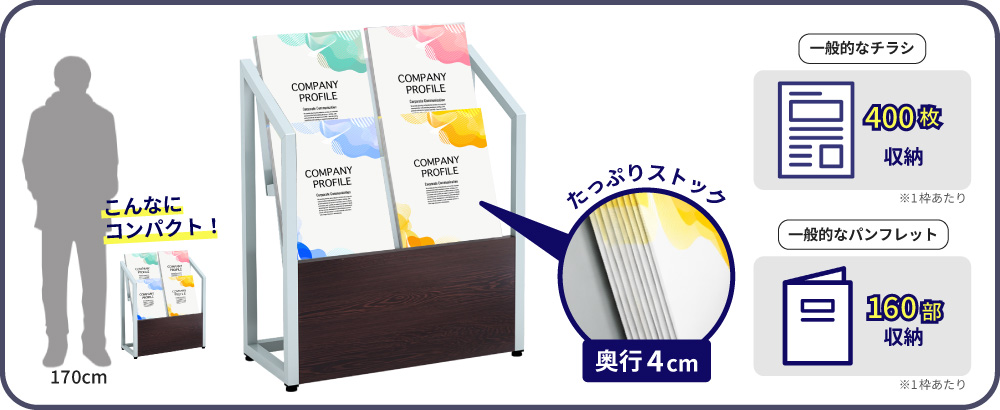 高さ約57cmのパンフレットスタンドを170cmの人物シルエットと比較し、奥行4cmでチラシやパンフレットを収納できる容量を示した説明画像