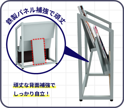 背面に鉄製パネル補強を施し、しっかり自立する構造を示したパンフレットスタンドの背面説明画像