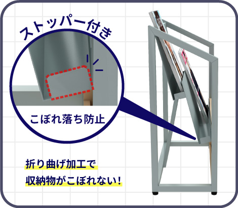 受け先端の折り曲げ加工により、収納物が前にこぼれ落ちにくいストッパー構造を示した説明画像