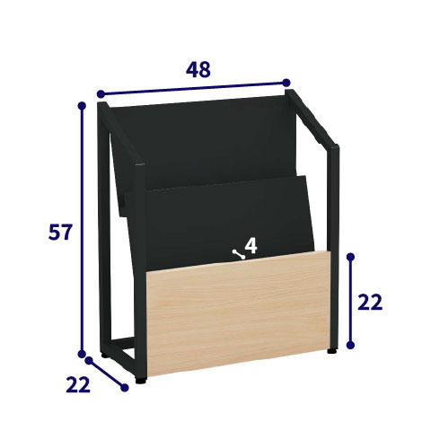 パンフレットスタンド本体のサイズを示した寸法図。幅48cm、高さ57cm、奥行22cm、収納部奥行約4cm