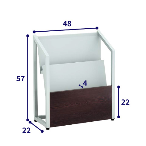 パンフレットスタンド本体のサイズを示した寸法図。幅48cm、高さ57cm、奥行22cm、収納部奥行約4cm