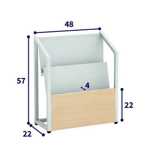 パンフレットスタンド本体のサイズを示した寸法図。幅48cm、高さ57cm、奥行22cm、収納部奥行約4cm