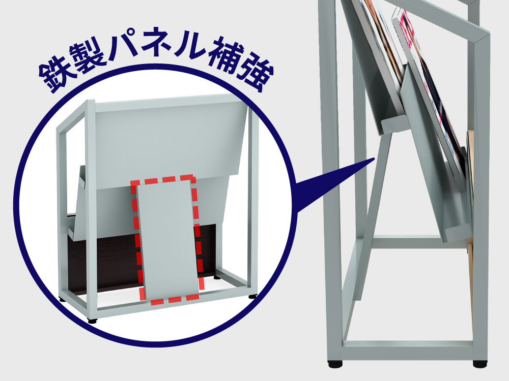 背面に鉄製パネル補強を施し、しっかり自立する構造を示したパンフレットスタンドの背面説明画像