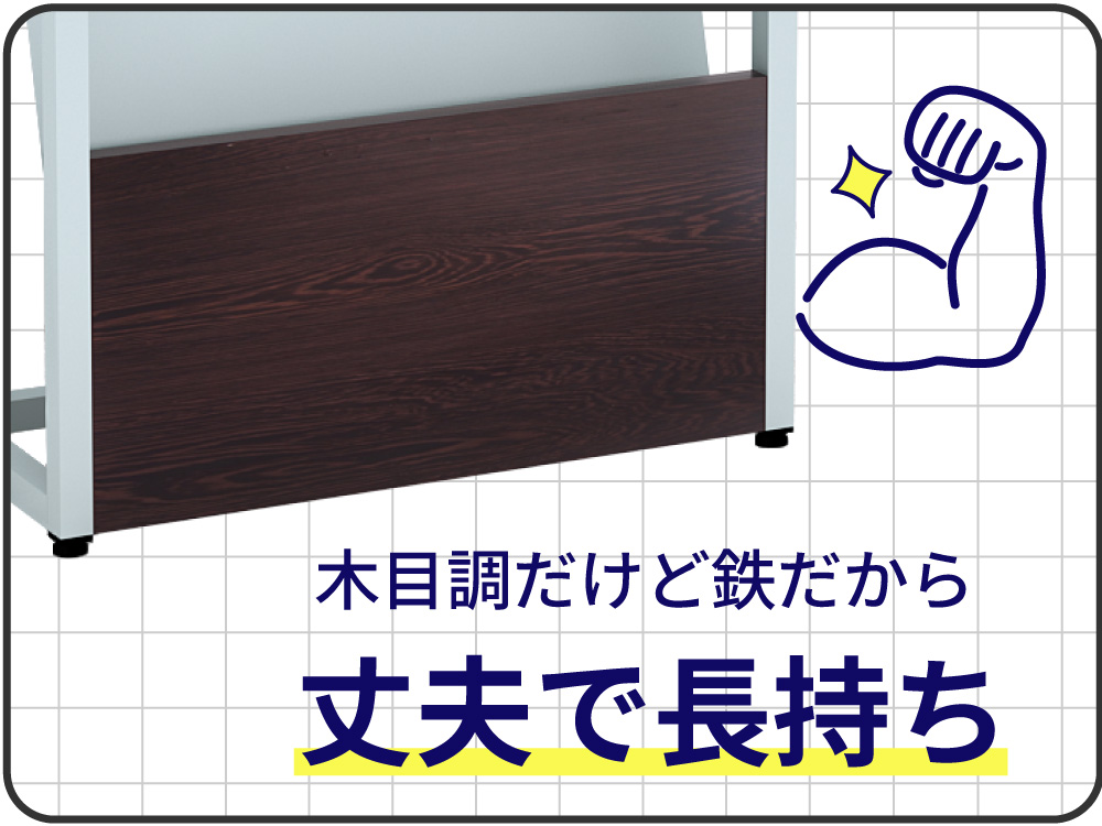 鉄製フレームに木目調パネルを組み合わせ、特殊塗装による耐久性と木目の質感を示した素材説明画像
