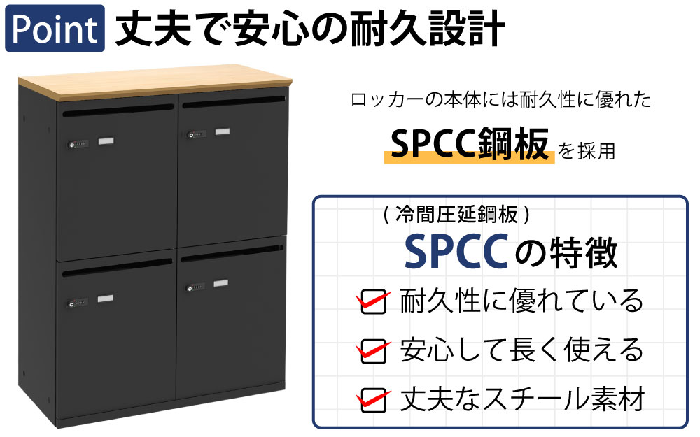 パーソナルロッカー スチールロッカー 4人用 ナチュラル木目×ブラック ポイント1 丈夫で安心の耐久設計 SCPP銅板に関する説明 家具のAKIRA