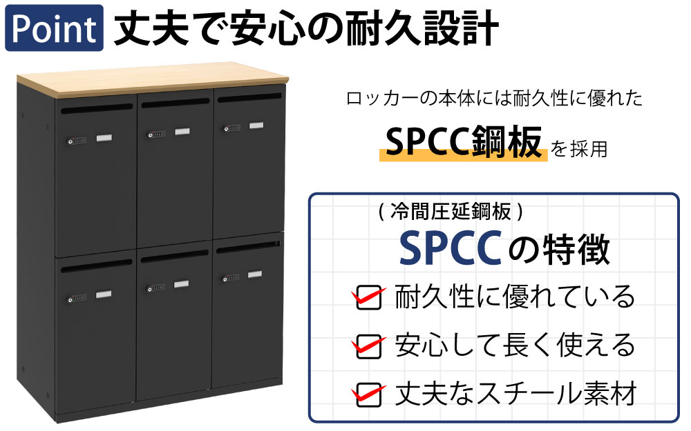 パーソナルロッカー スチールロッカー 6人用 ナチュラル木目×ブラック ポイント1 丈夫で安心の耐久設計 SCPP銅板に関する説明 家具のAKIRA