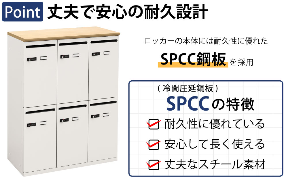 パーソナルロッカー スチールロッカー 6人用 ナチュラル木目×ホワイト ポイント1 丈夫で安心の耐久設計 SCPP銅板に関する説明 家具のAKIRA