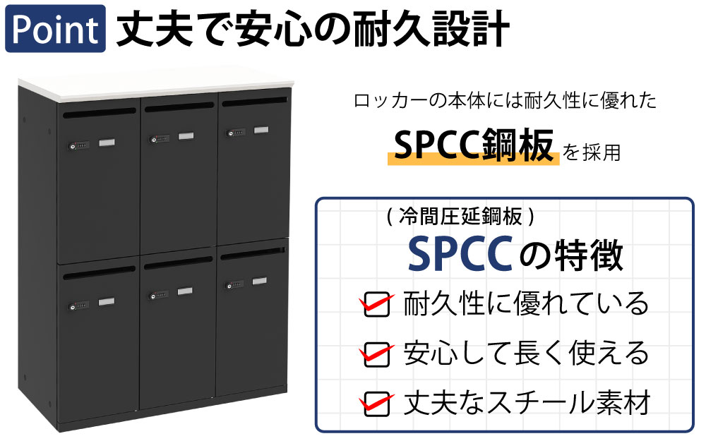 パーソナルロッカー スチールロッカー 6人用 ホワイト×ブラック ポイント1 丈夫で安心の耐久設計 SCPP銅板に関する説明 家具のAKIRA