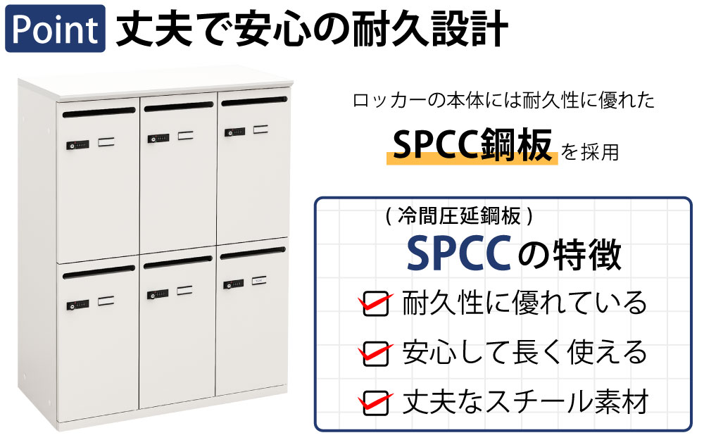 パーソナルロッカー スチールロッカー 6人用 ホワイト×ホワイト ポイント1 丈夫で安心の耐久設計 SCPP銅板に関する説明 家具のAKIRA