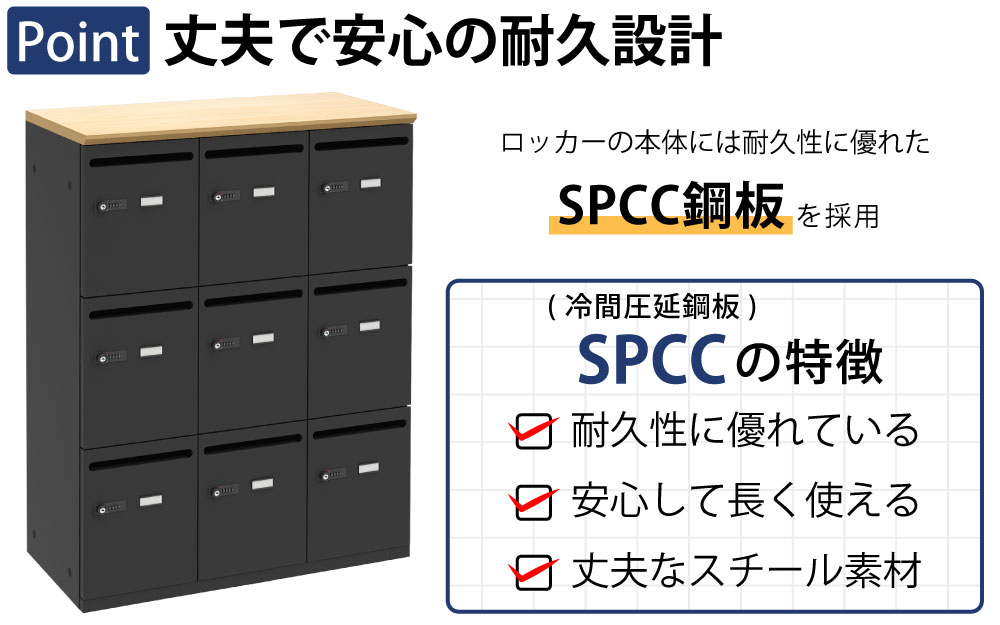 パーソナルロッカー スチールロッカー 9人用 ナチュラル木目×ブラック ポイント1 丈夫で安心の耐久設計 SCPP銅板に関する説明 家具のAKIRA