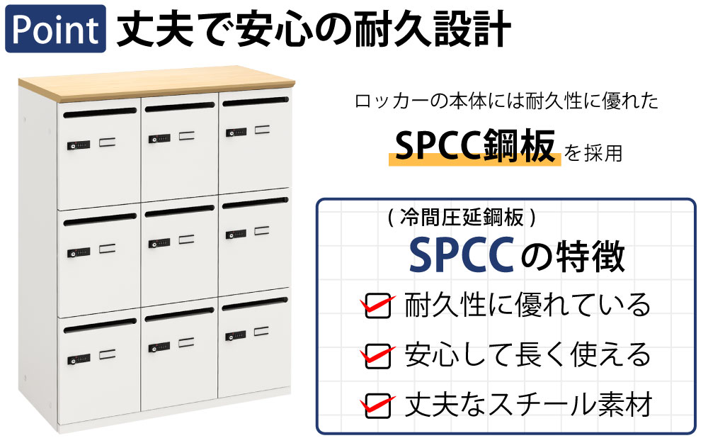 パーソナルロッカー スチールロッカー 9人用 ナチュラル木目×ホワイト ポイント1 丈夫で安心の耐久設計 SCPP銅板に関する説明 家具のAKIRA