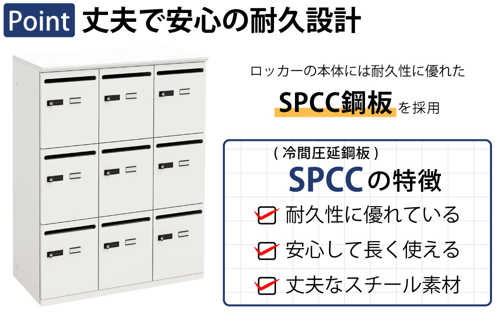 パーソナルロッカー スチールロッカー 9人用 ホワイト×ホワイト ポイント1 丈夫で安心の耐久設計 SCPP銅板に関する説明 家具のAKIRA