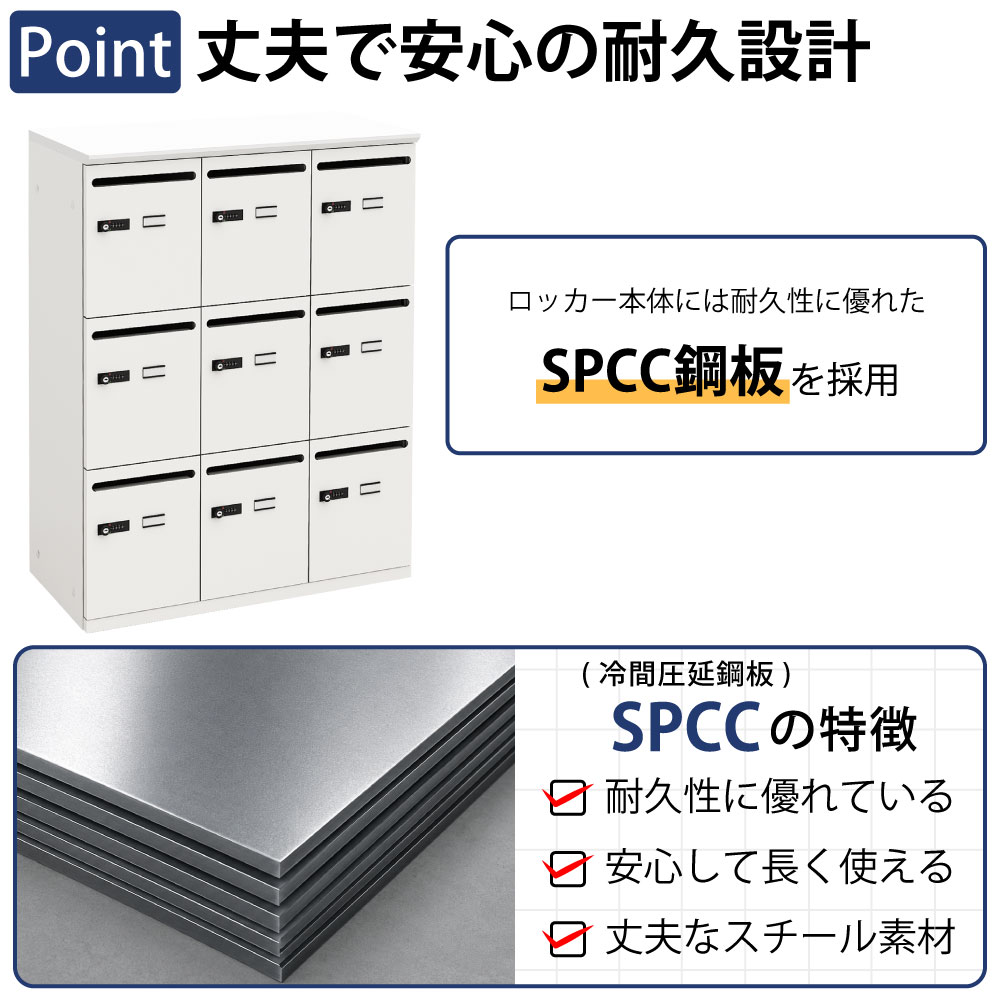 パーソナルロッカー スチールロッカー9人用 ホワイト×ホワイト ポイント1 丈夫で安心の耐久設計 SCPP銅板に関する説明 家具のAKIRA