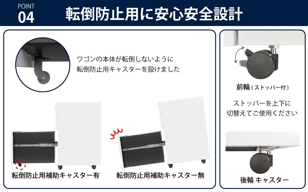 ワゴン オフィスワゴン ホワイト 幅30cm ポイント4 転倒防止用に安心安全設計 家具のAKIRA