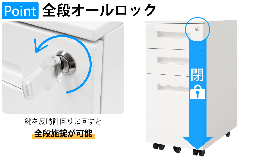 オフィスワゴン デスクワゴン スリムワゴン 幅30cm ポイント4 全段オールロック 全段施錠 解錠 防犯対策 家具のAKIRA