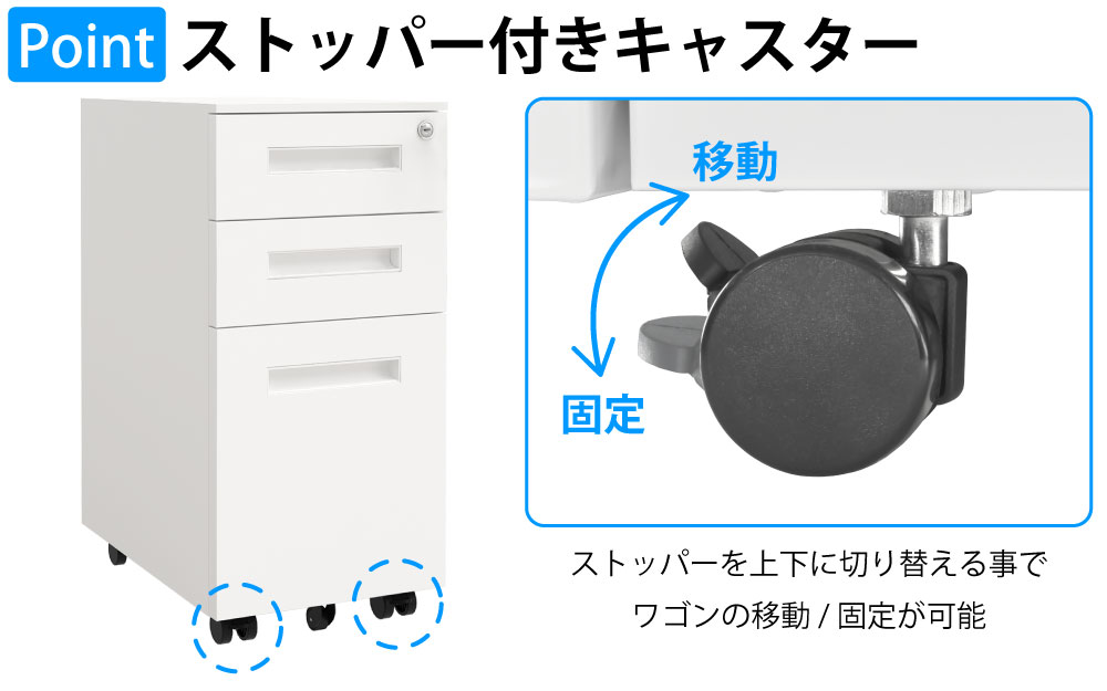 オフィスワゴン デスクワゴン スリムワゴン 幅30cm ポイント6 ストッパー付きキャスター 家具のAKIRA