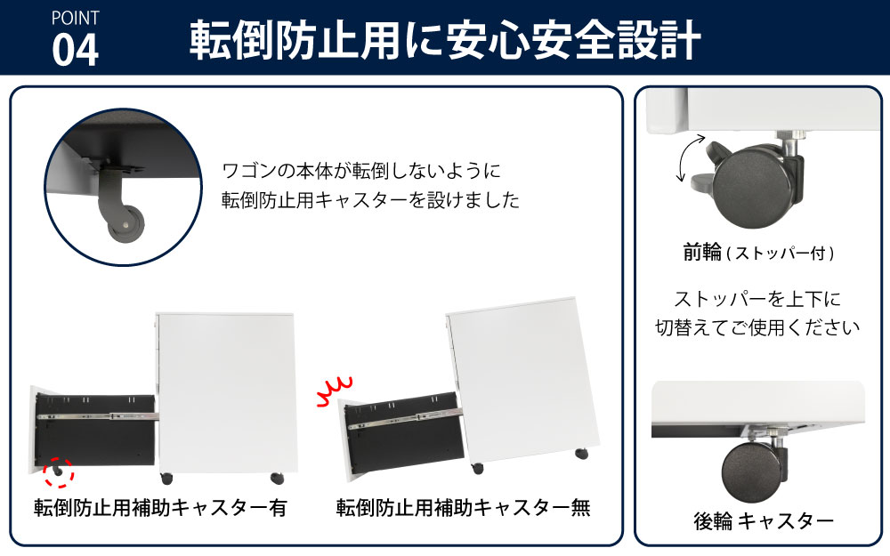 ワゴン オフィスワゴン ホワイト 幅39cm ポイント4 転倒防止用に安心安全設計 家具のAKIRA