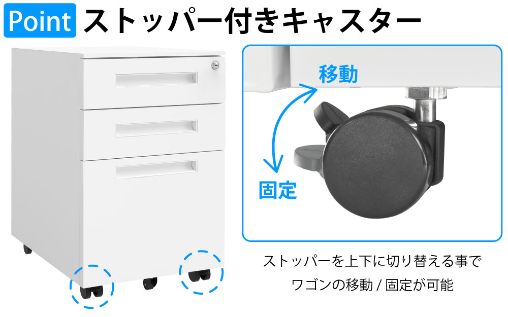 オフィスワゴン デスクワゴン 幅39cm ポイント6 ストッパー付きキャスター 家具のAKIRA