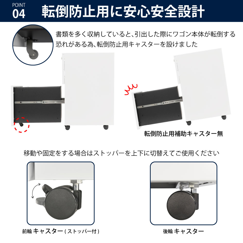 ワゴン オフィスワゴン ホワイト 幅39cm ポイント4 転倒防止用に安心安全設計 家具のAKIRA