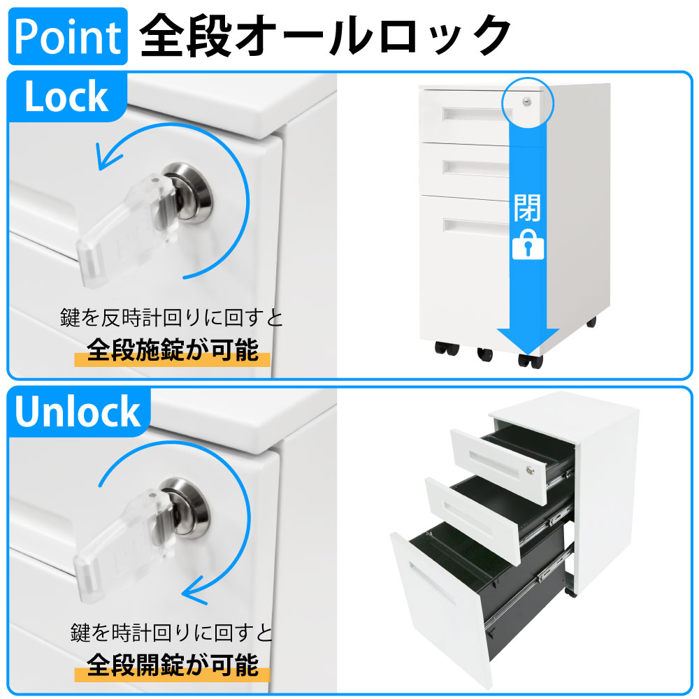 オフィスワゴン デスクワゴン スリムワゴン 幅30cm ポイント4 全段オールロック 全段施錠 解錠 防犯対策 家具のAKIRA