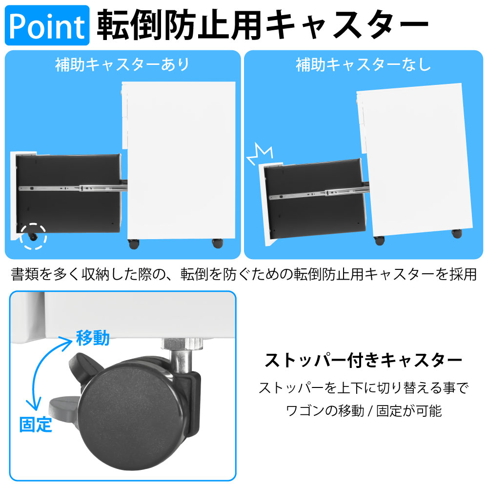 オフィスワゴン デスクワゴン スリムワゴン 幅30cm ポイント5 転倒防止用キャスター 家具のAKIRA