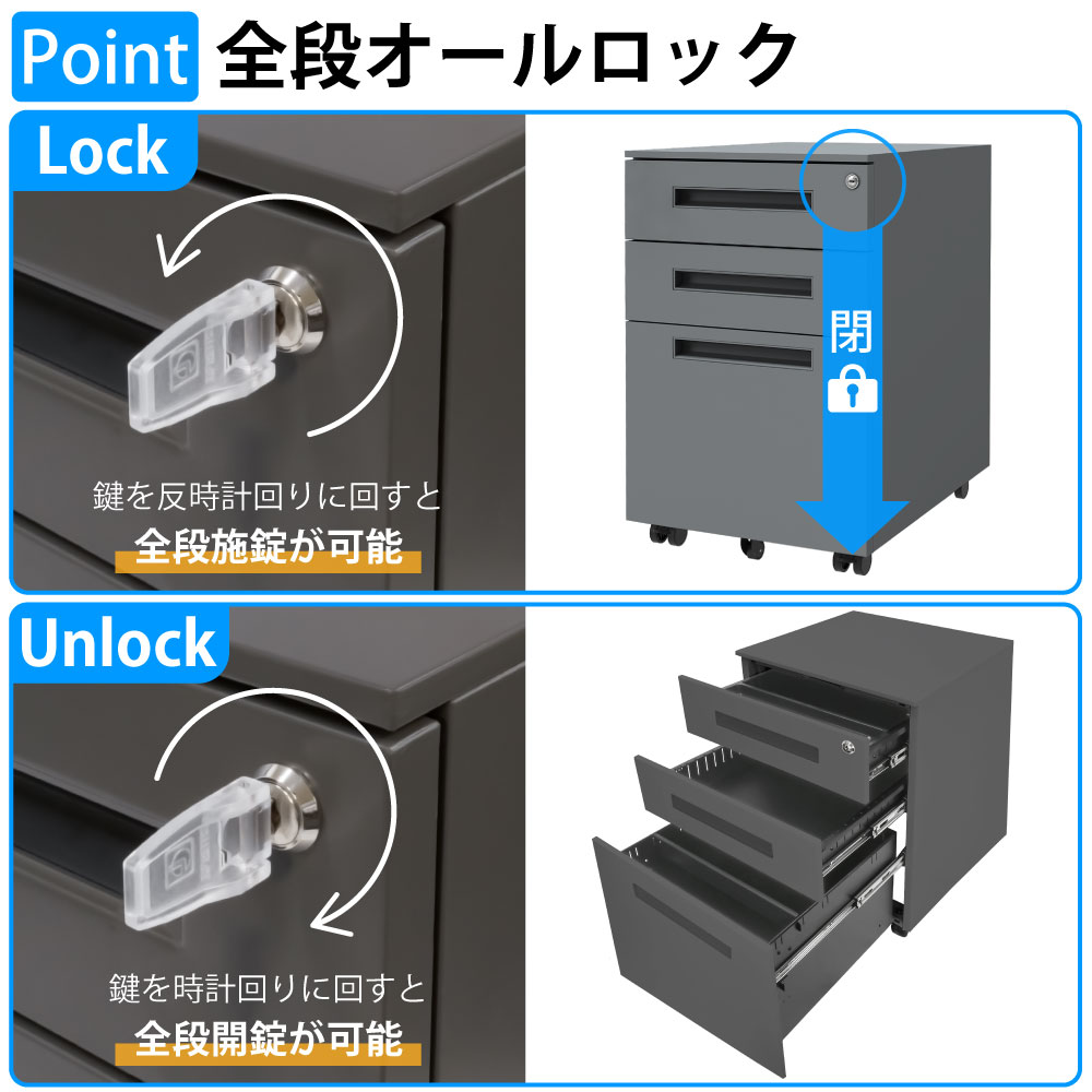 オフィスワゴン デスクワゴン 幅39cm ポイント4 全段オールロック 全段施錠 解錠 防犯対策 家具のAKIRA